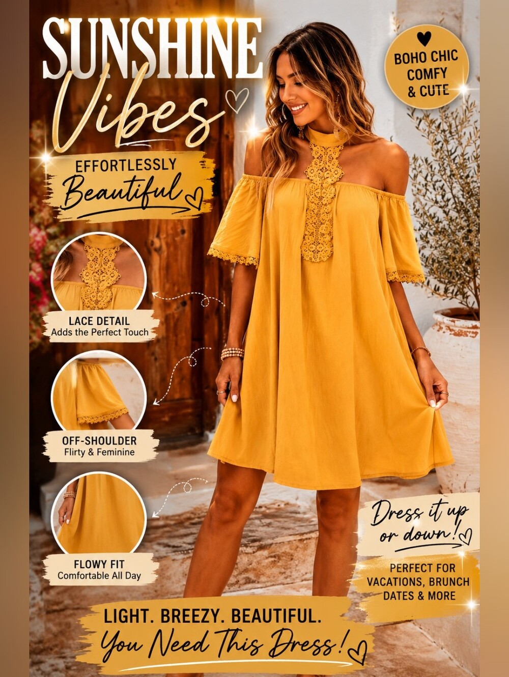 Hayden Los Angeles Mustard Off Shoulder Boho Sundress | Lace Halter Neck | Small
